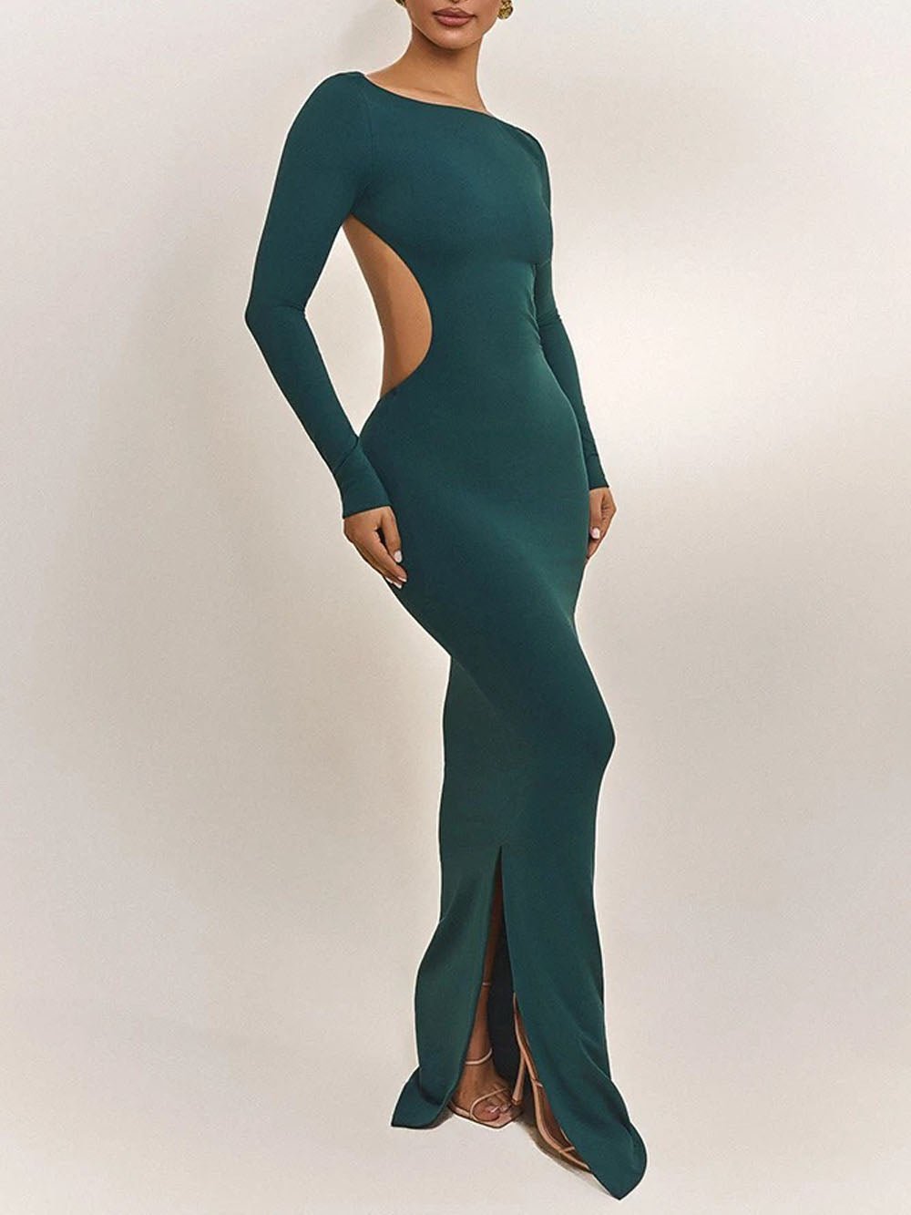 Green Cut Out Boat Neck Long Sleeve Bodycon Maxi Dress