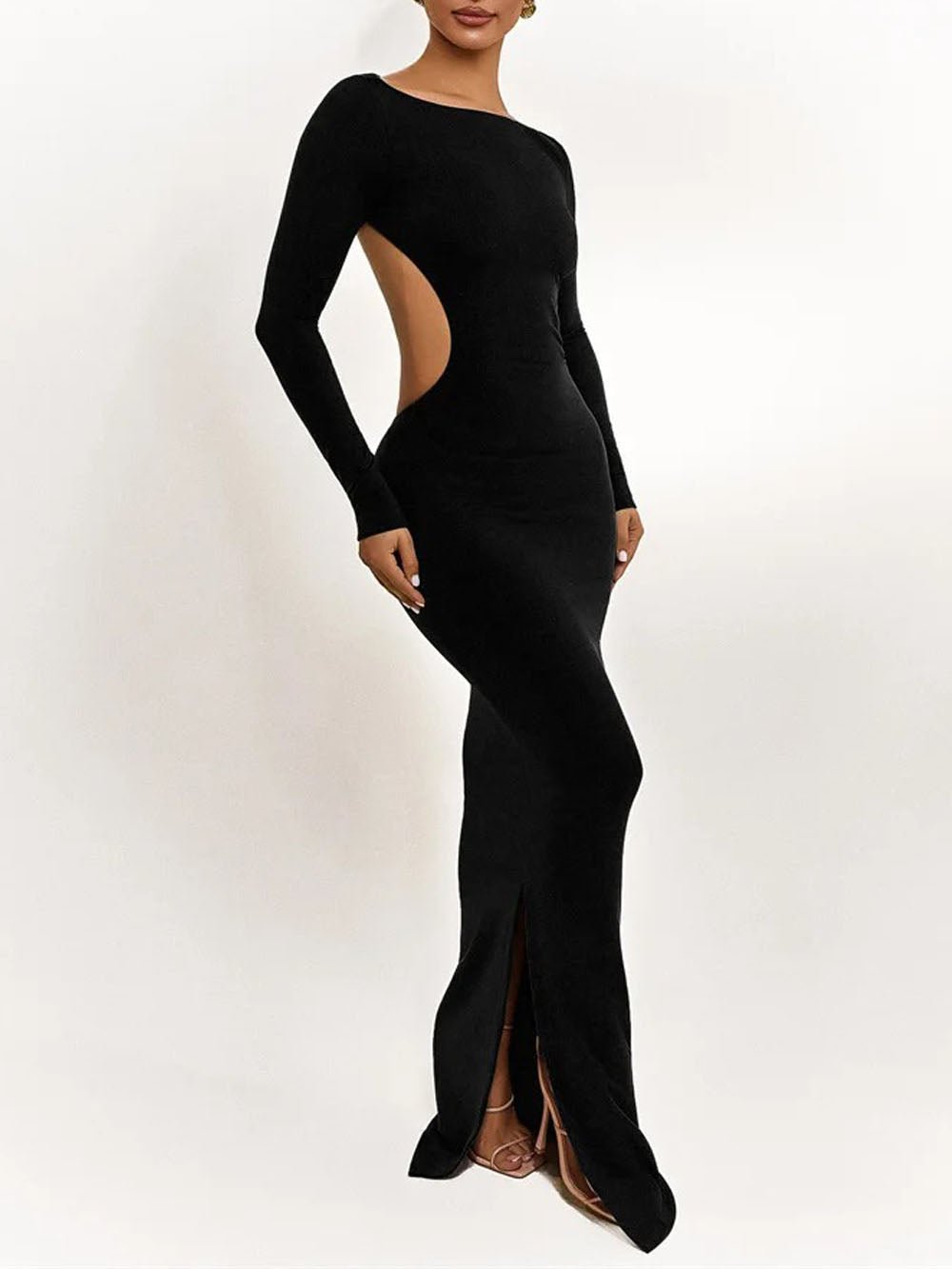 Black Cut Out Boat Neck Long Sleeve Bodycon Maxi Dress