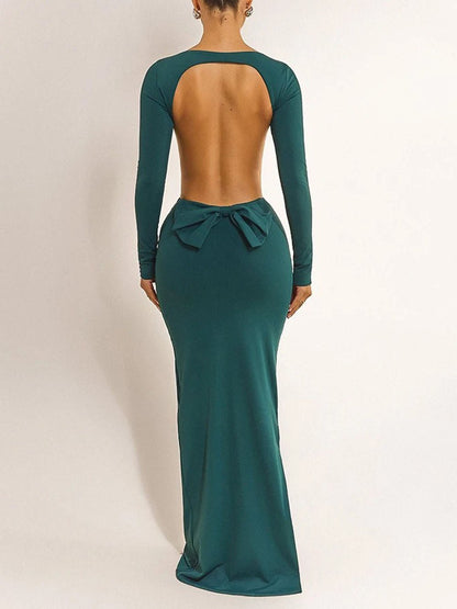 Green Cut Out Boat Neck Long Sleeve Bodycon Maxi Dress