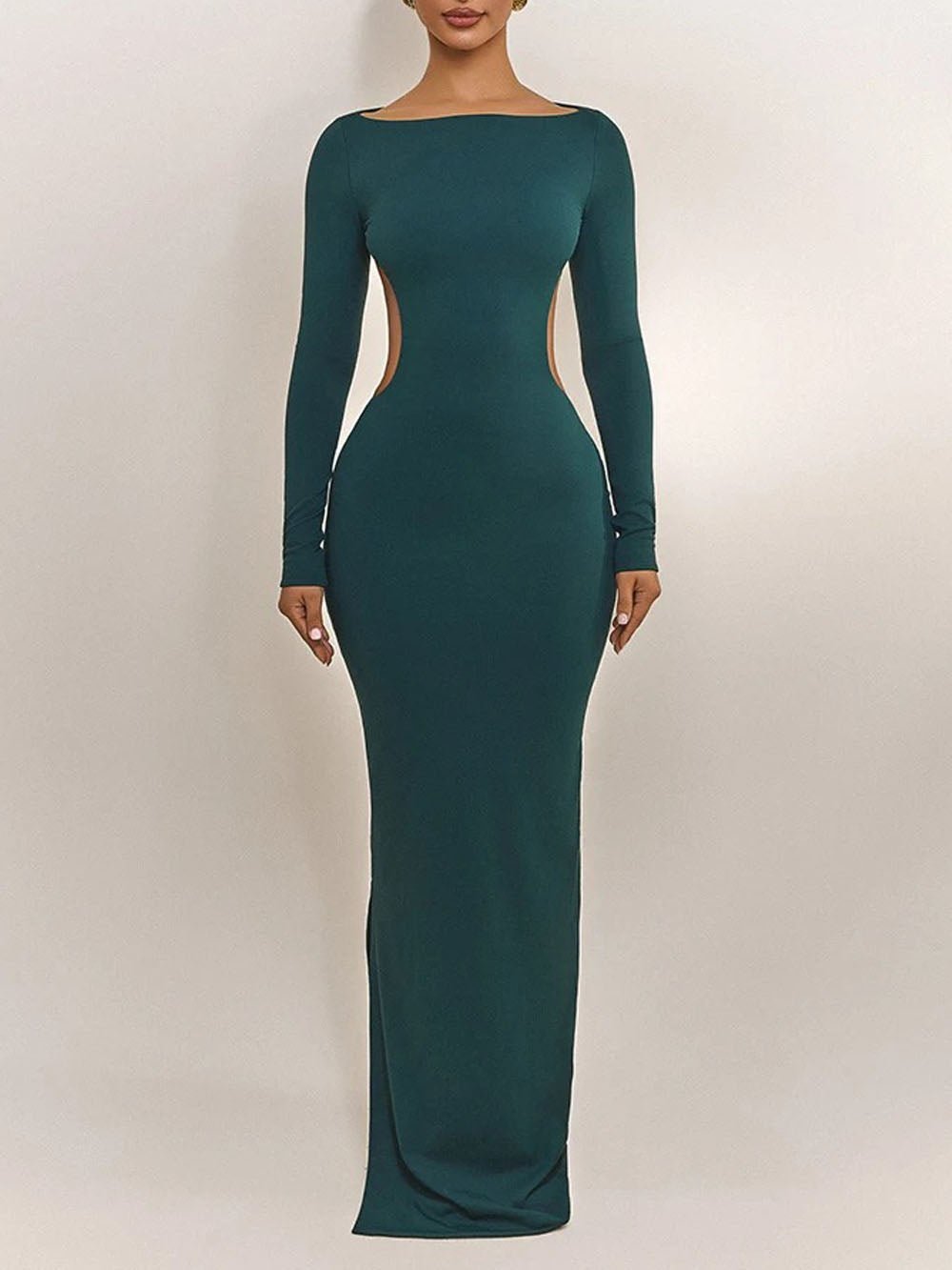 Green Cut Out Boat Neck Long Sleeve Bodycon Maxi Dress