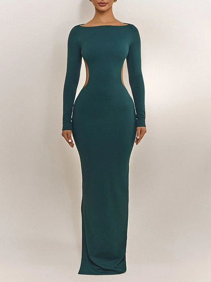 Green Cut Out Boat Neck Long Sleeve Bodycon Maxi Dress