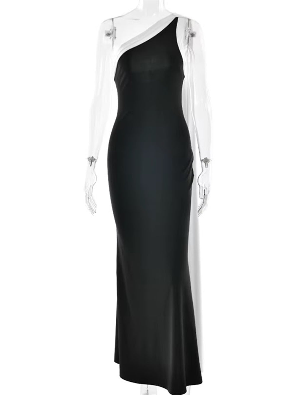 Black Jersey One Shoulder Asymmetric Neck Draped Sash Panel Ruched Bodycon Maxi Gown