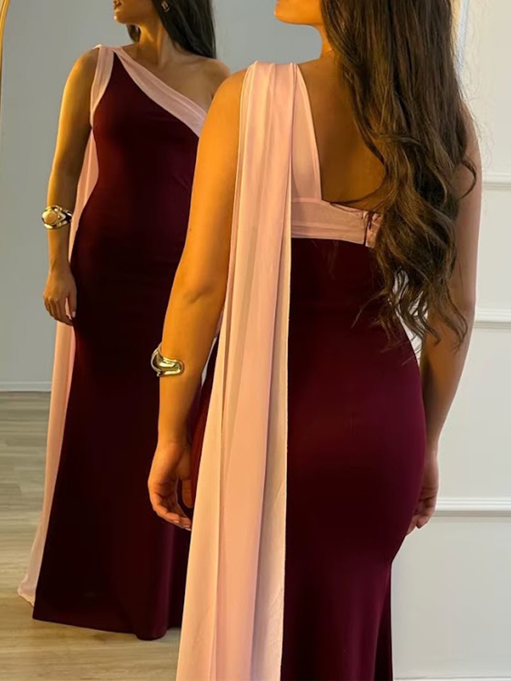 Red Jersey One Shoulder Asymmetric Neck Draped Sash Panel Ruched Bodycon Maxi Gown