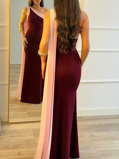 Red Jersey One Shoulder Asymmetric Neck Draped Sash Panel Ruched Bodycon Maxi Gown