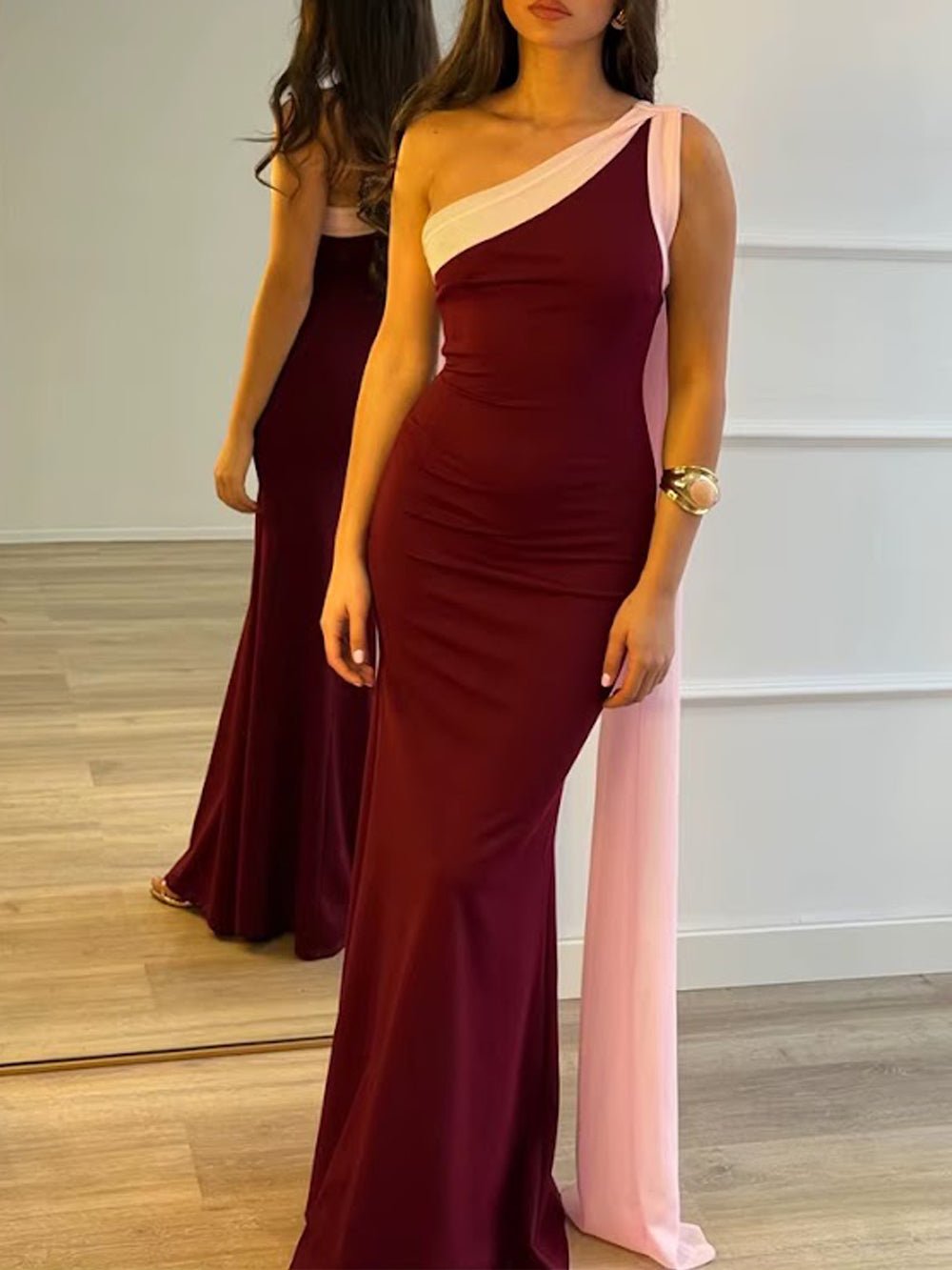 Red Jersey One Shoulder Asymmetric Neck Draped Sash Panel Ruched Bodycon Maxi Gown