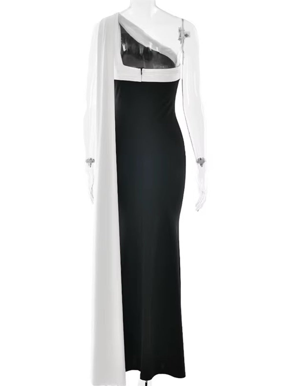 Black Jersey One Shoulder Asymmetric Neck Draped Sash Panel Ruched Bodycon Maxi Gown