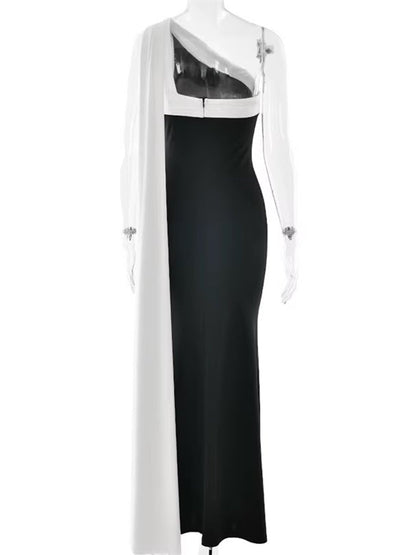 Black Jersey One Shoulder Asymmetric Neck Draped Sash Panel Ruched Bodycon Maxi Gown