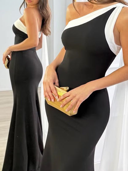 Black Jersey One Shoulder Asymmetric Neck Draped Sash Panel Ruched Bodycon Maxi Gown