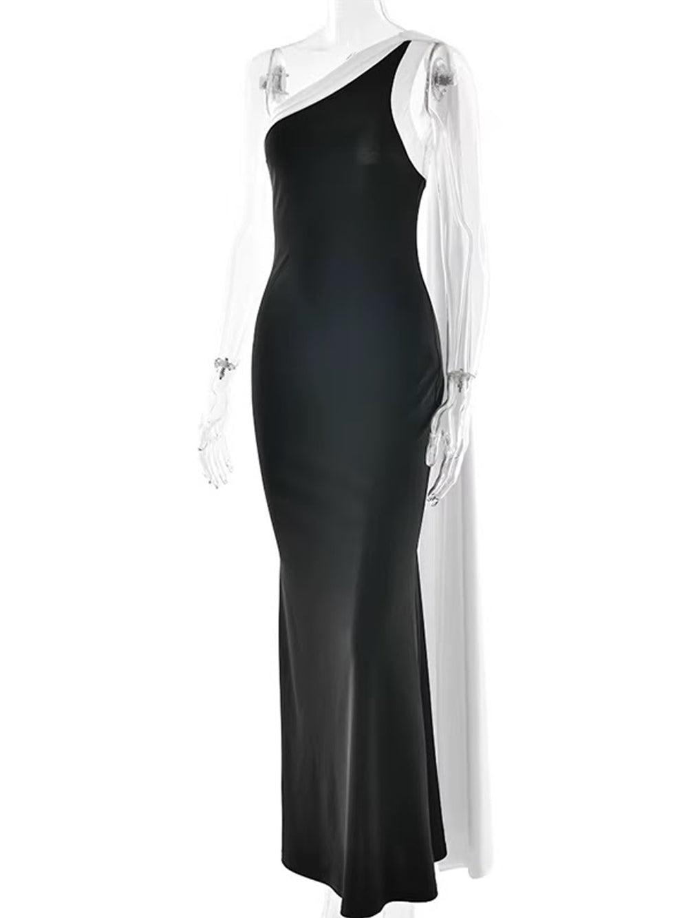 Black Jersey One Shoulder Asymmetric Neck Draped Sash Panel Ruched Bodycon Maxi Gown