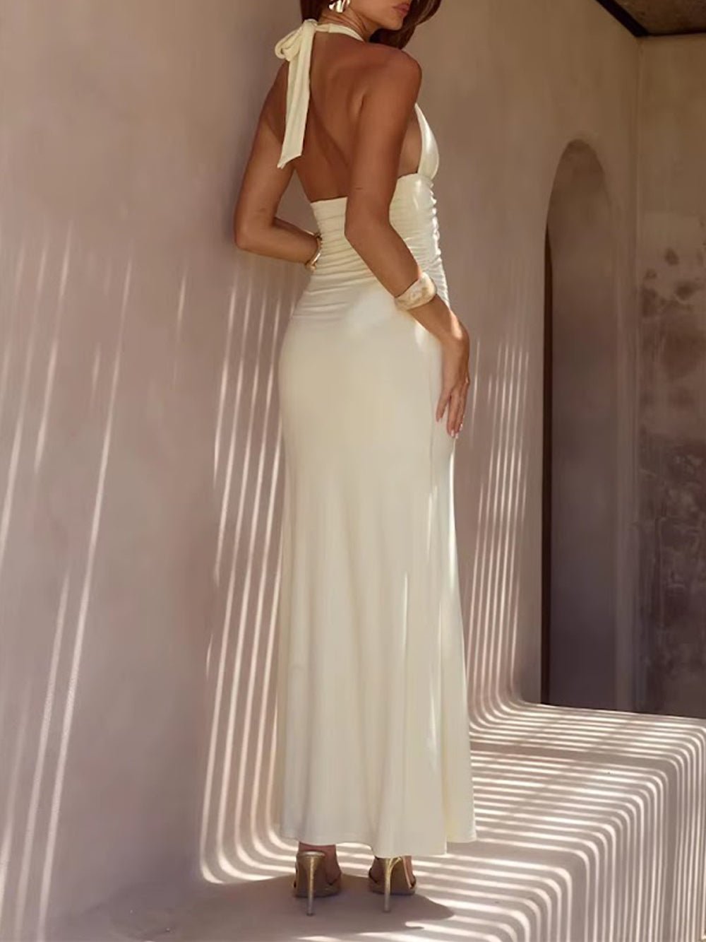 Yellow Knit Halter Neck Deep V-Neck Ring Detail Ruched Bodycon Maxi Dress