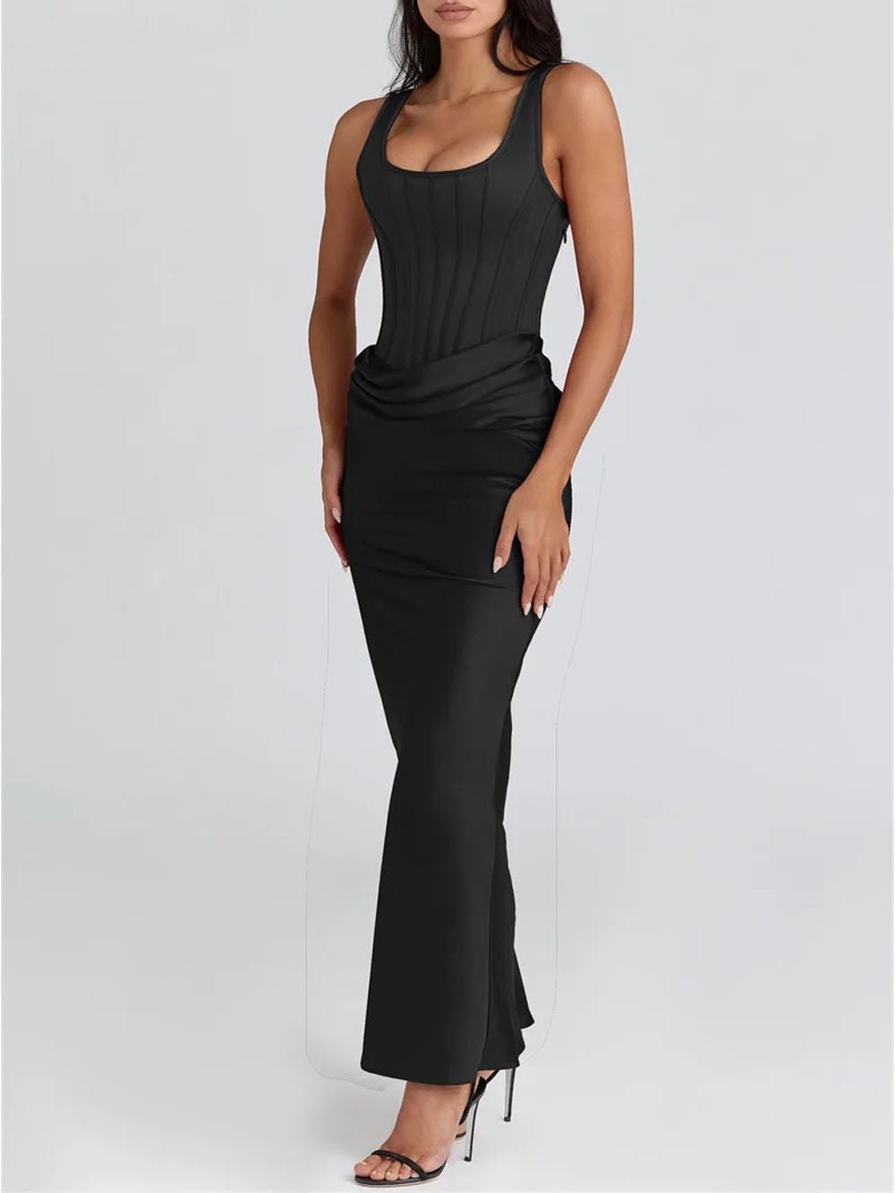Black Corset Scoop Neck Wide Strap Ruched Waist Satin Maxi Dress