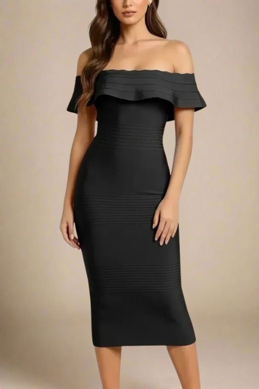 Classic Black Off Shoulder Scalloped Ruffle Bandage Bodycon Midi Dress