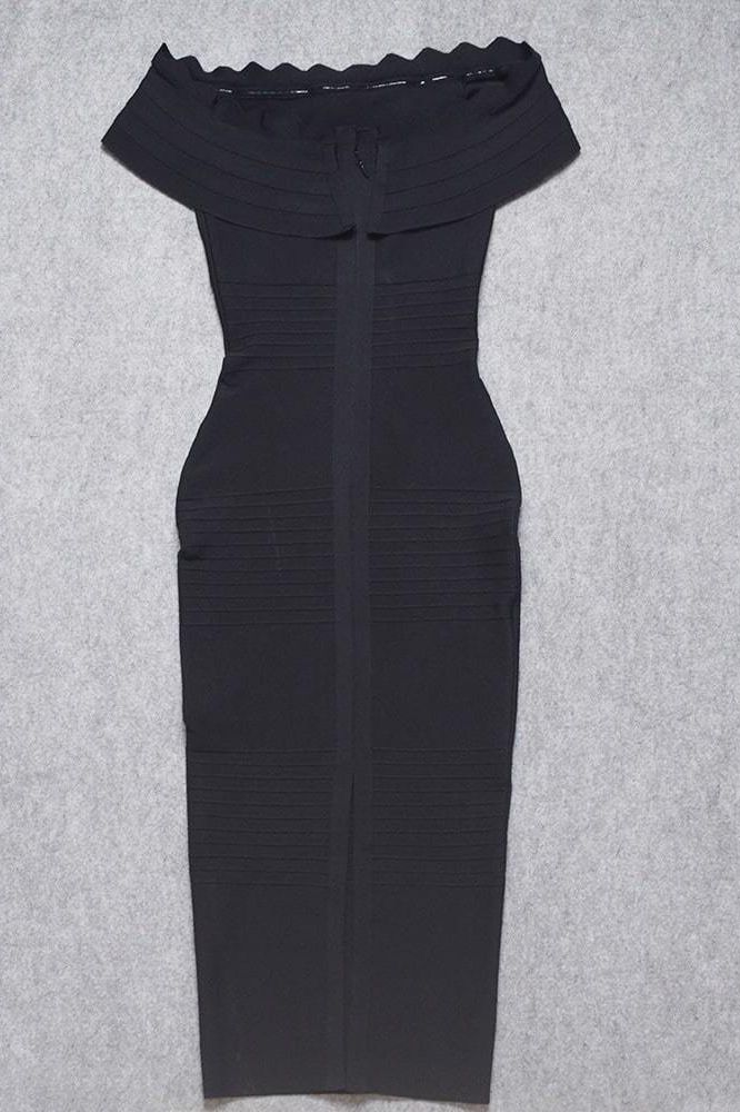 Classic Black Off Shoulder Scalloped Ruffle Bandage Bodycon Midi Dress