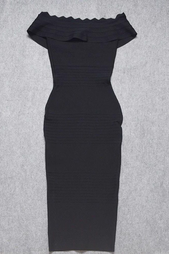 Classic Black Off Shoulder Scalloped Ruffle Bandage Bodycon Midi Dress