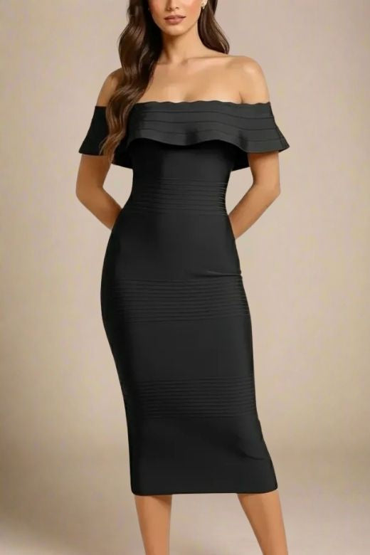 Classic Black Off Shoulder Scalloped Ruffle Bandage Bodycon Midi Dress