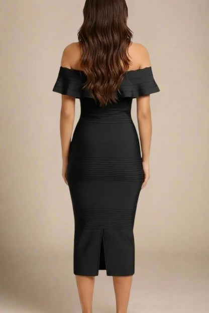 Classic Black Off Shoulder Scalloped Ruffle Bandage Bodycon Midi Dress