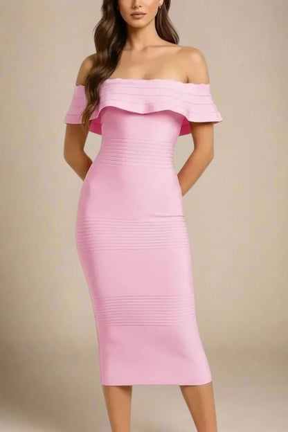 Dusty Pink Off Shoulder Scalloped Ruffle Bandage Bodycon Midi Dress