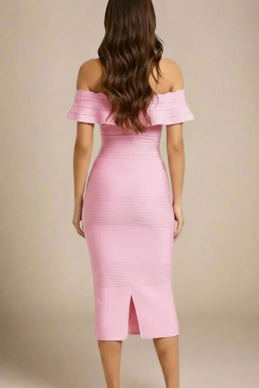 Dusty Pink Off Shoulder Scalloped Ruffle Bandage Bodycon Midi Dress