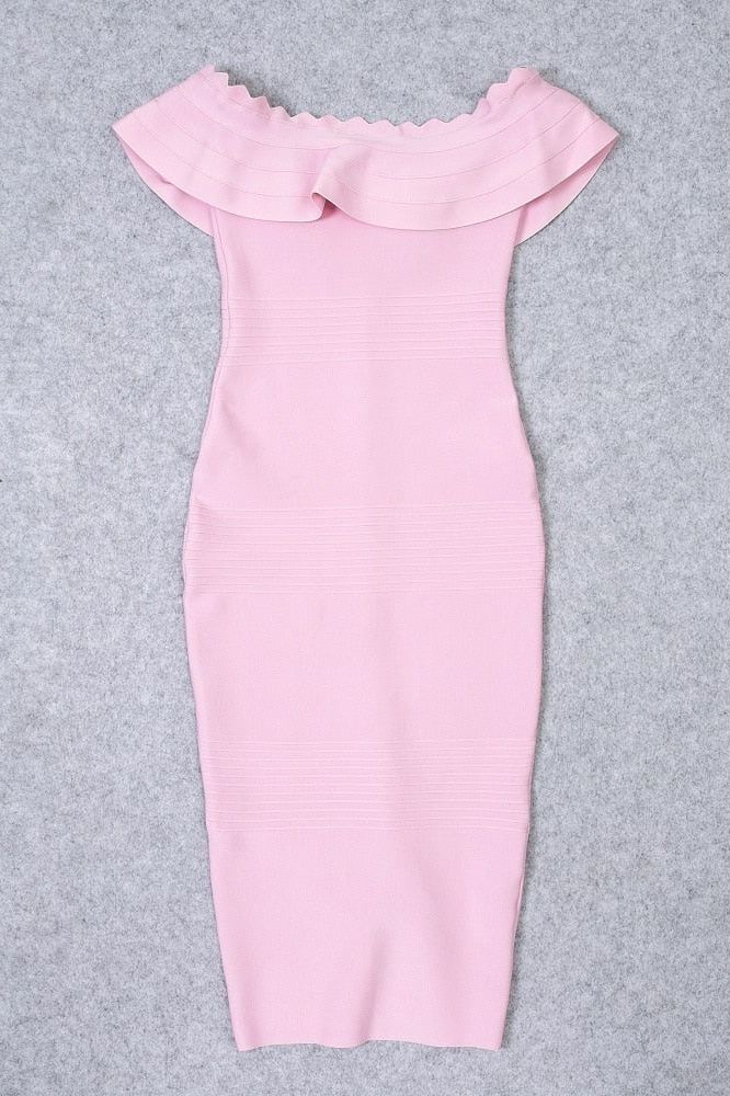 Dusty Pink Off Shoulder Scalloped Ruffle Bandage Bodycon Midi Dress