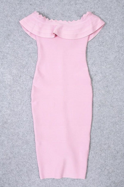 Dusty Pink Off Shoulder Scalloped Ruffle Bandage Bodycon Midi Dress