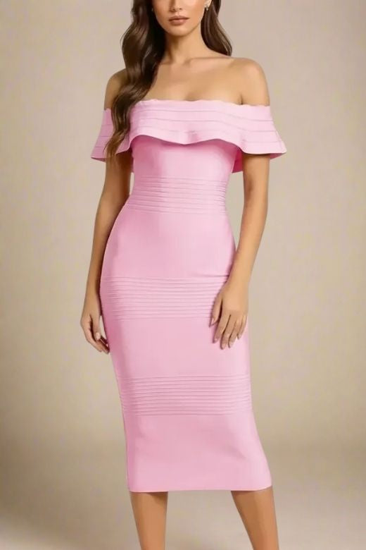 Dusty Pink Off Shoulder Scalloped Ruffle Bandage Bodycon Midi Dress