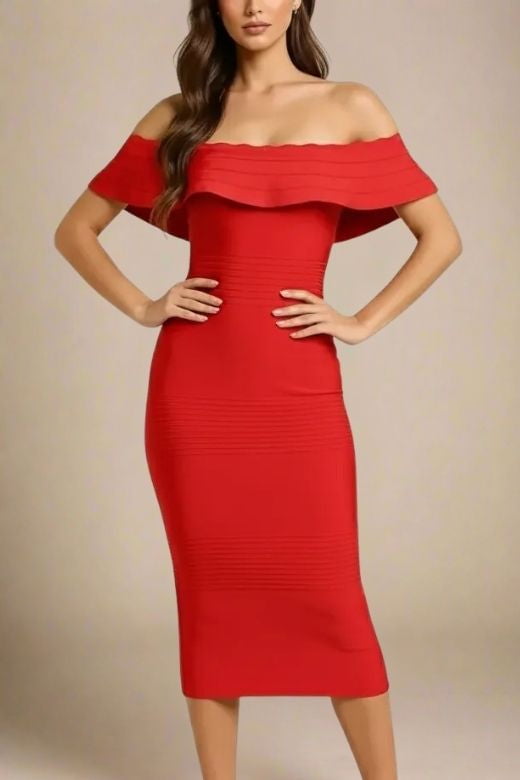 Lipstick Red Off Shoulder Ruffle Bandage Bodycon Midi Dress
