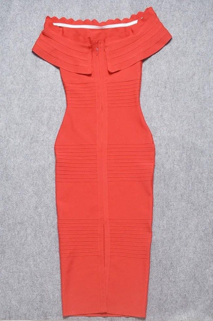 Lipstick Red Off Shoulder Ruffle Bandage Bodycon Midi Dress
