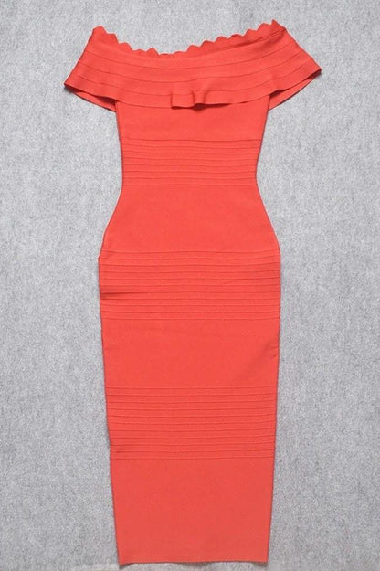 Lipstick Red Off Shoulder Ruffle Bandage Bodycon Midi Dress