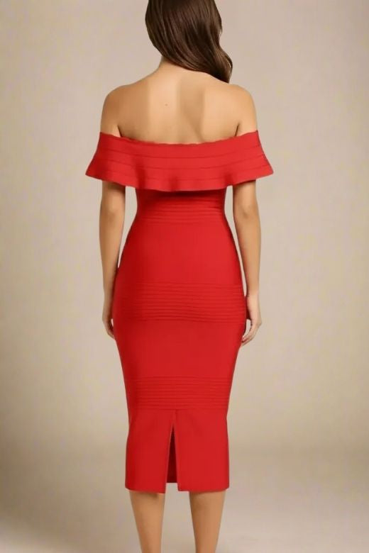 Lipstick Red Off Shoulder Ruffle Bandage Bodycon Midi Dress