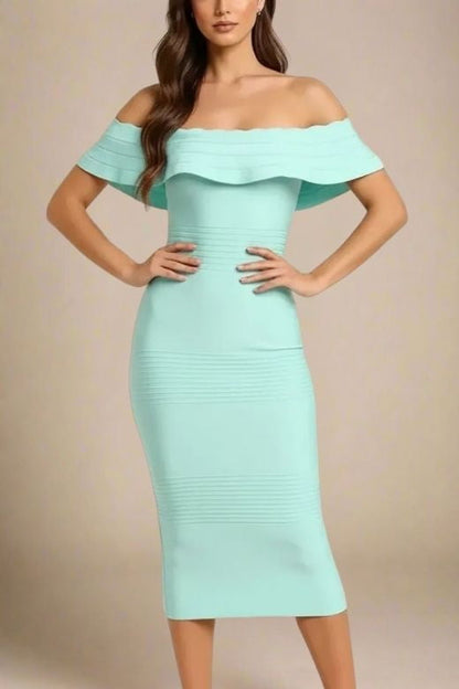 Mint Green Off Shoulder Scalloped Ruffle Bandage Bodycon Midi Dress