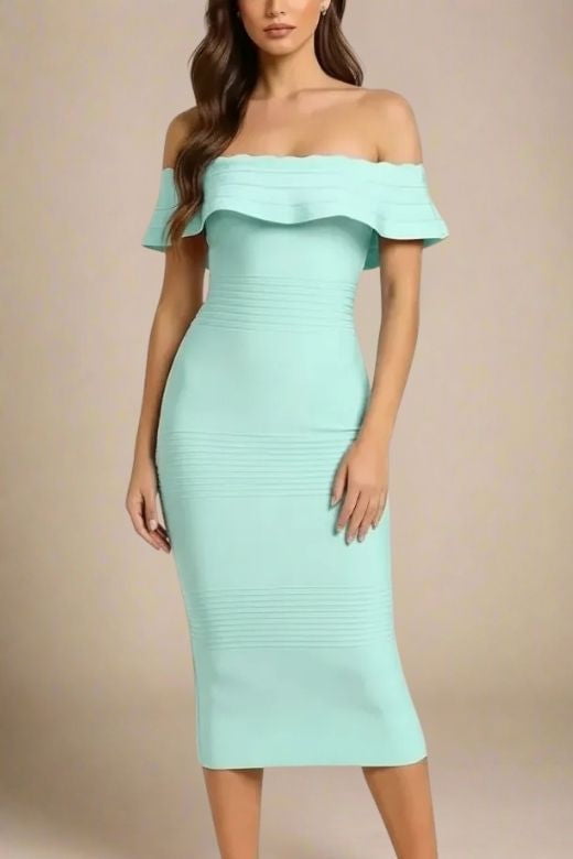 Mint Green Off Shoulder Scalloped Ruffle Bandage Bodycon Midi Dress