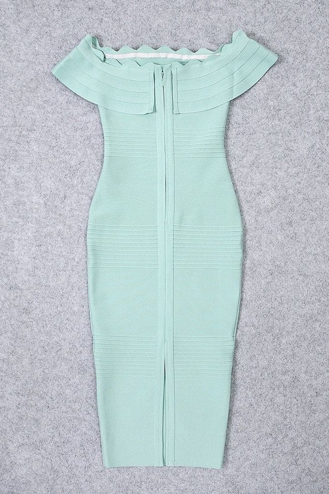 Mint Green Off Shoulder Scalloped Ruffle Bandage Bodycon Midi Dress