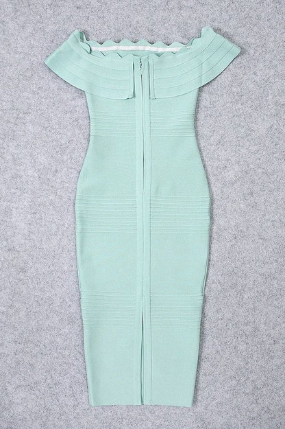 Mint Green Off Shoulder Scalloped Ruffle Bandage Bodycon Midi Dress