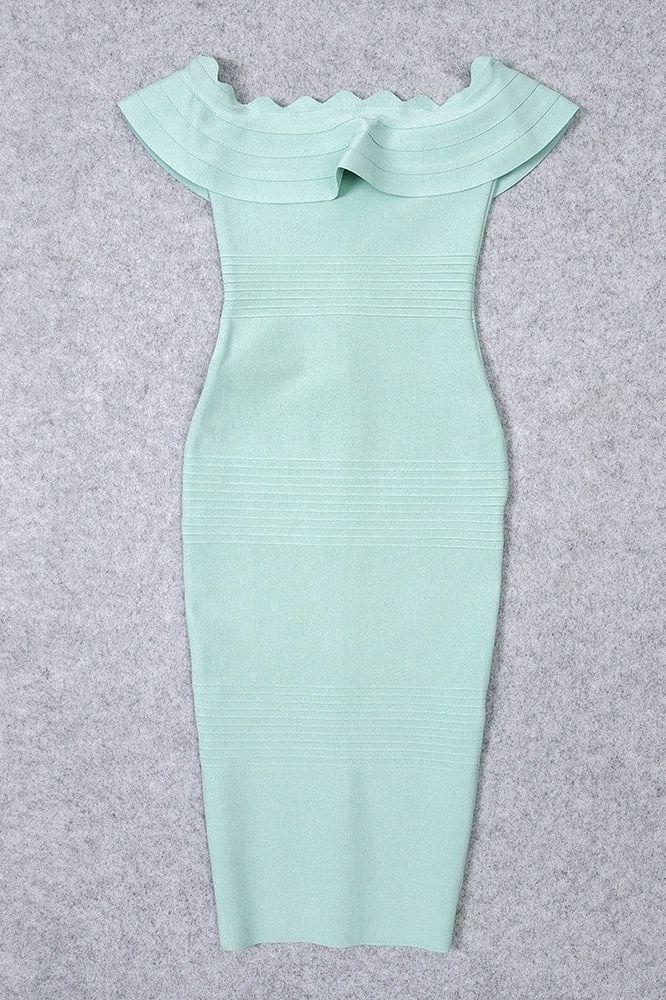 Mint Green Off Shoulder Scalloped Ruffle Bandage Bodycon Midi Dress