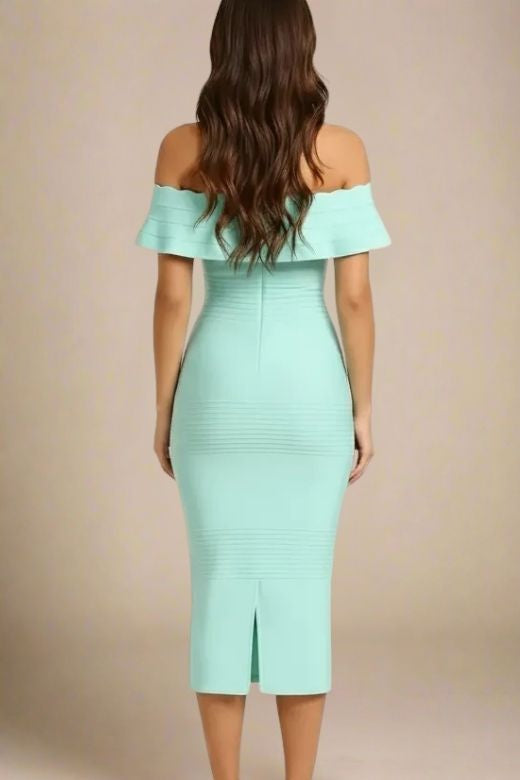 Mint Green Off Shoulder Scalloped Ruffle Bandage Bodycon Midi Dress