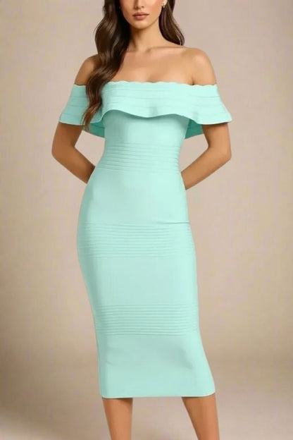 Mint Green Off Shoulder Scalloped Ruffle Bandage Bodycon Midi Dress