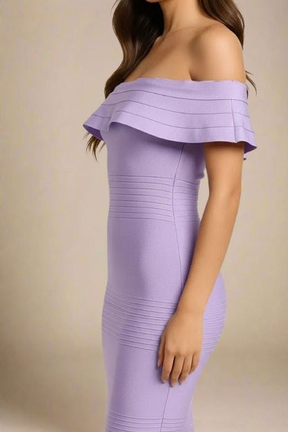 Violet Purple Off Shoulder Scalloped Ruffle Bandage Bodycon Midi Dress