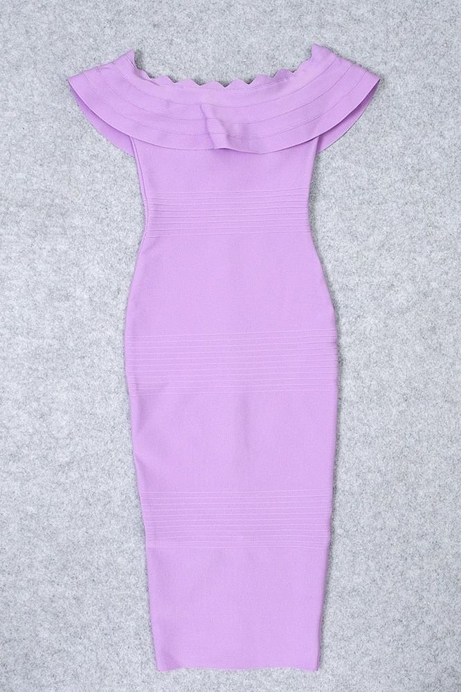 Violet Purple Off Shoulder Scalloped Ruffle Bandage Bodycon Midi Dress