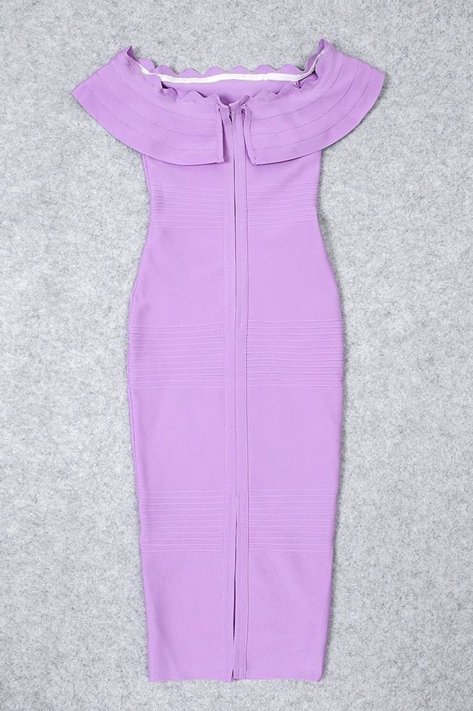 Violet Purple Off Shoulder Ruffle Flounce Bandage Bodycon Midi Dress