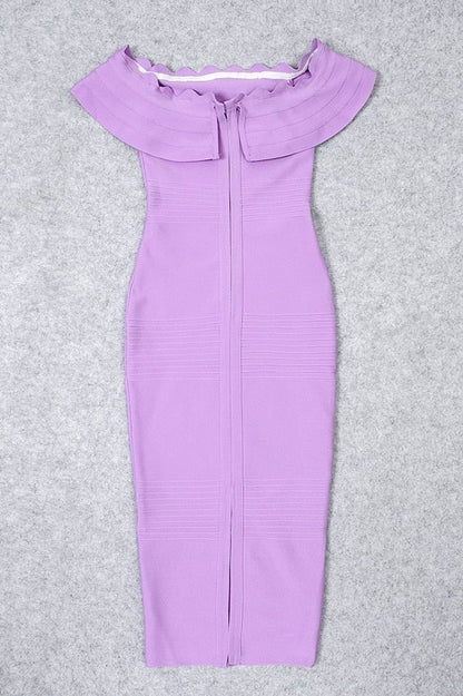 Violet Purple Off Shoulder Ruffle Flounce Bandage Bodycon Midi Dress