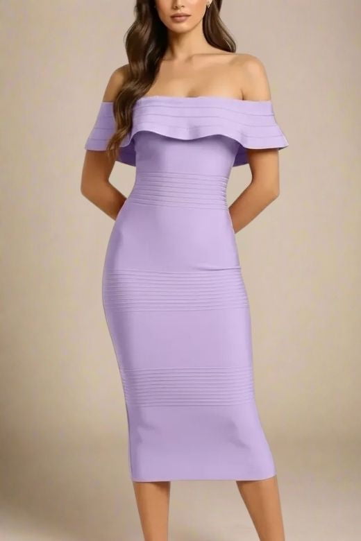 Violet Purple Off Shoulder Scalloped Ruffle Bandage Bodycon Midi Dress