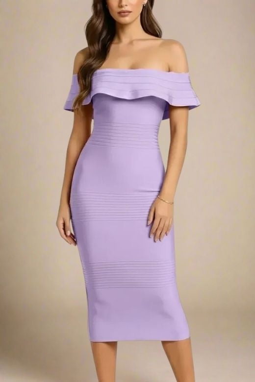 Violet Purple Off Shoulder Scalloped Ruffle Bandage Bodycon Midi Dress