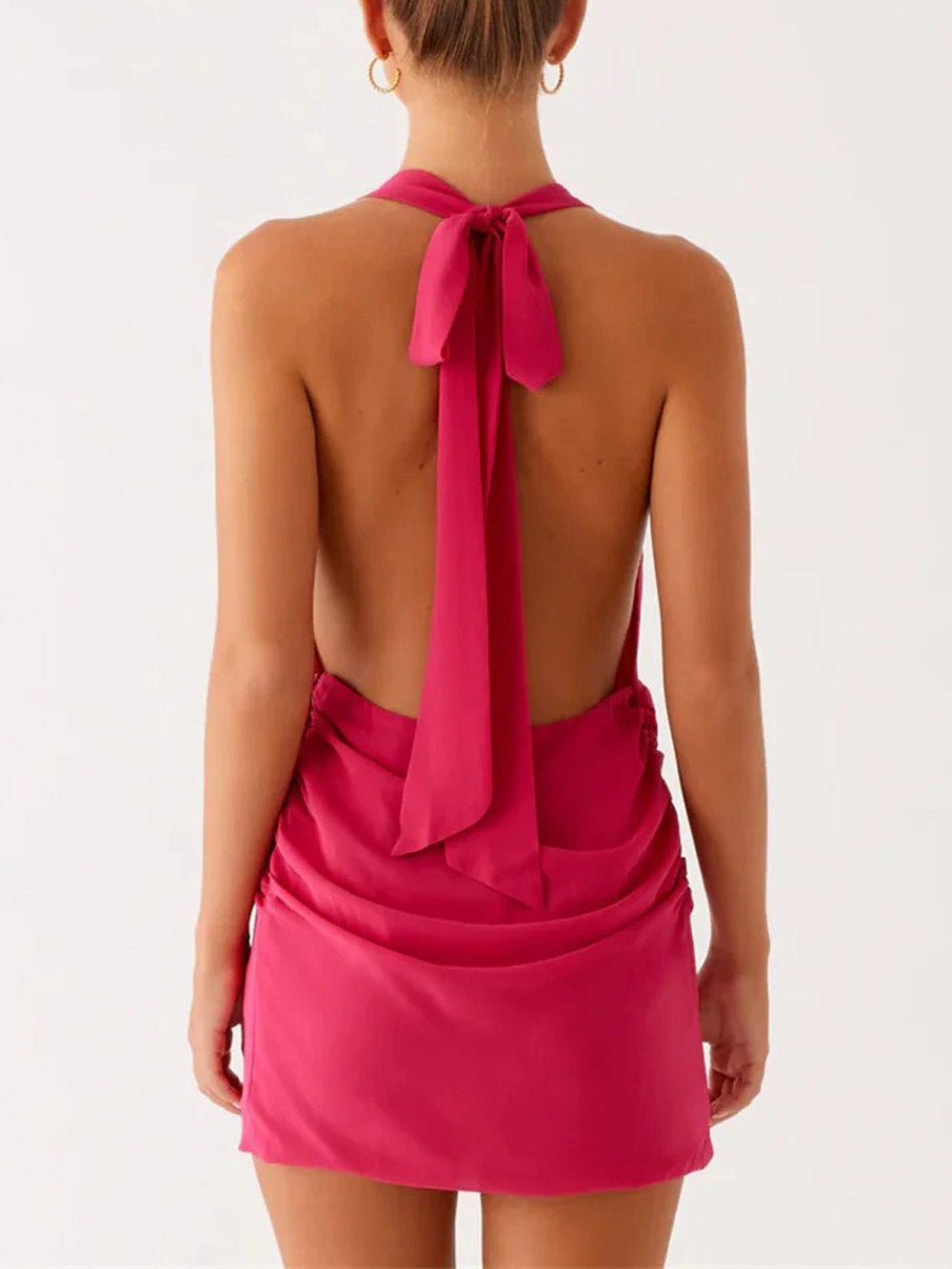 Pink Halter Neck Deep V-Neck Ruched Wrap Buckle Mini Dress