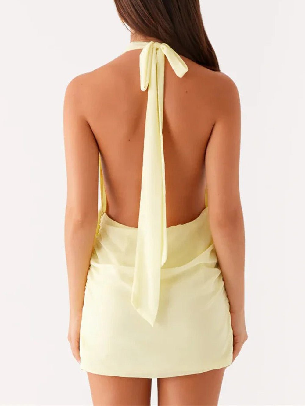 Yellow Halter Neck Deep V-Neck Ruched Wrap Buckle Mini Dress