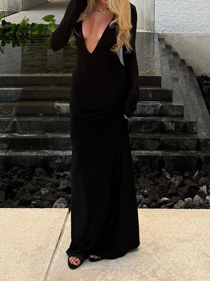 Long Sleeve Deep V-Neck Column Bodycon Maxi Dress