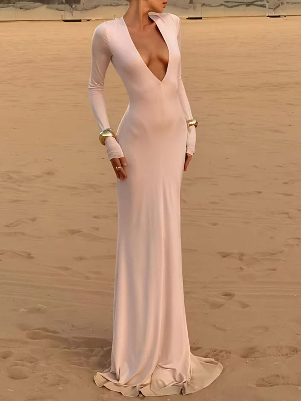 Long Sleeve Deep V-Neck Column Bodycon Maxi Dress
