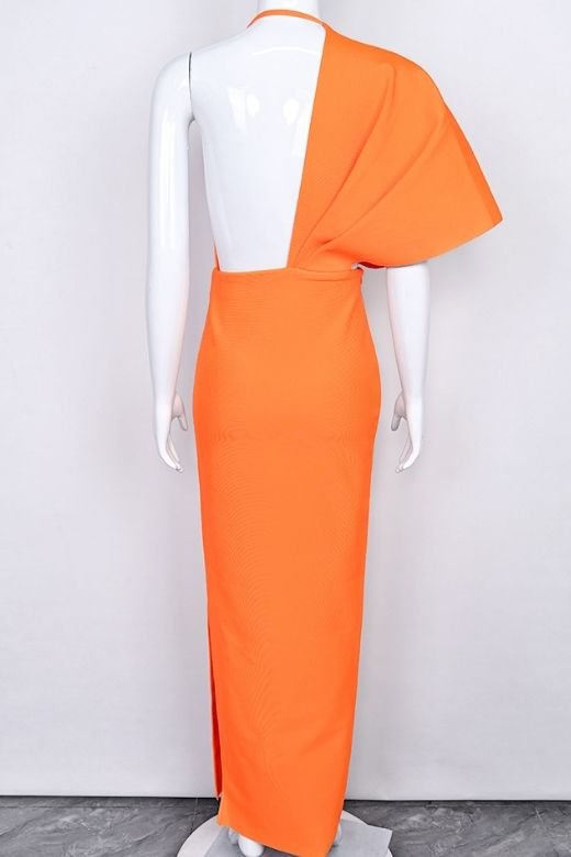 Apricot Orange Deep V-Neck One Shoulder Draped Bandage Midi Dress