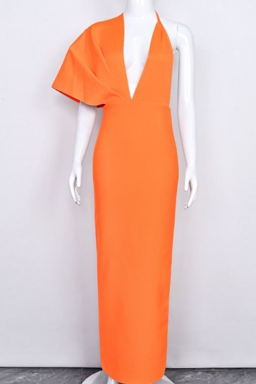 Apricot Orange Deep V-Neck One Shoulder Draped Bandage Midi Dress