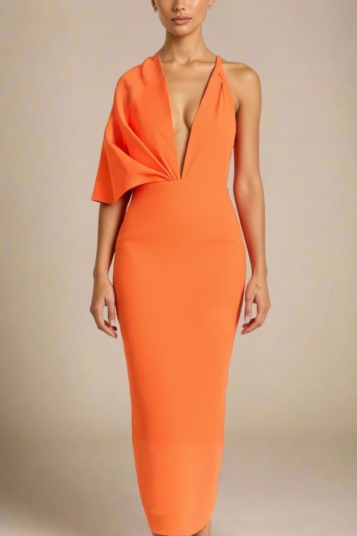 Apricot Orange Deep V-Neck One Shoulder Draped Bandage Midi Dress