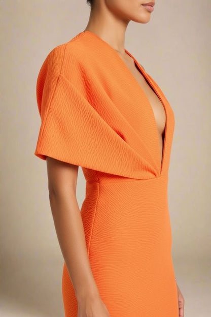 Apricot Orange Deep V-Neck One Shoulder Draped Bandage Midi Dress